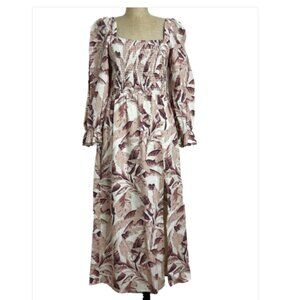 House of Harlow 1960 Smocked Tropical Banana Leaf Midi Linen Blend Boho Dress